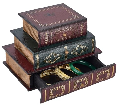 PH PandaHall 3 Stufen Vintage Dekoratives Buch Box Holz Buch Schmuck Box Antike Bücher Aufbewahrung Schubladen für Nippes Aufbewahrung Zuhause Bücherregal Café 21x15x14.5cm