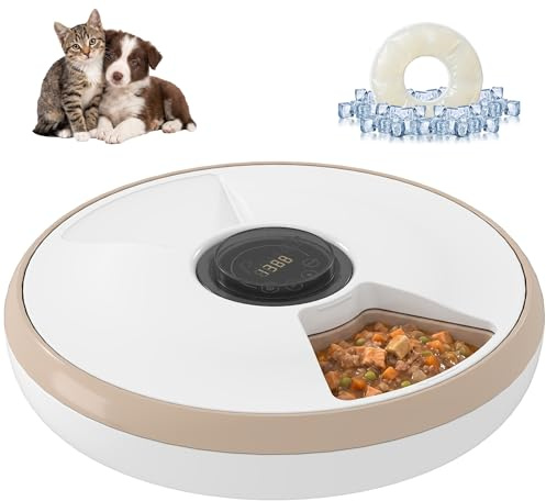PawHut Comedero Automático para Gatos y Perros, Dispensador de Comida para Gatos con Temporizador Programable, Paquete de Hielo, 6 Cuencos, Pantalla LED, Funciona con Baterías, para Secos y Húmedos