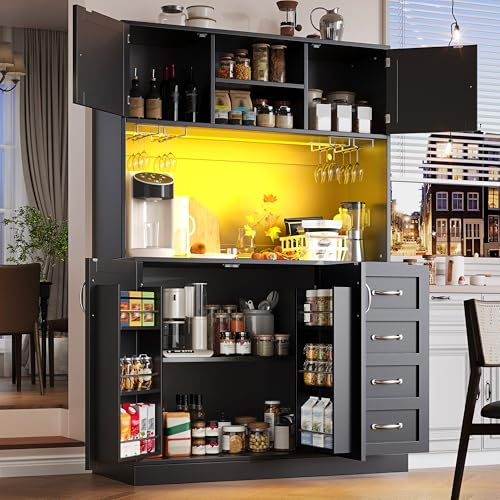 Xwiny Küchenschränke mit LED-Beleuchtung und Multifunktionaler Stauraum, Buffetschrank mit Snackregal und Getränkehaltern, Hochschrank mit 4 Türen und 2 Große Schubladen, Schwarz-A, 120x40x188 cm