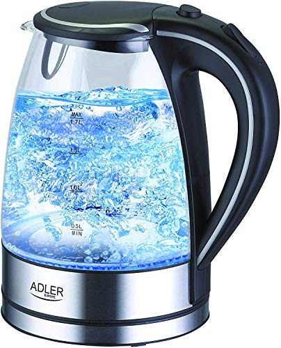 ADLER AD-1225 Hervidor de agua eléctrico cristal 1,7 litros, recipiente sin BPA, retro-iluminado, resistencia oculta, 2200 W con apagado automático al alcanzar la ebullición, inalámbrico 360º sin cable