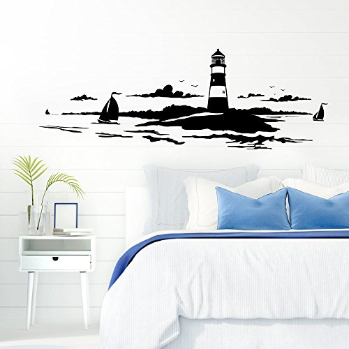 Grandora Skyline Küstenlandschaft Leuchtturm I schwarz 120 x 42 cm I Bad Wohnzimmer Schlafzimmer Aufkleber Wandaufkleber Wandsticker Modern W974