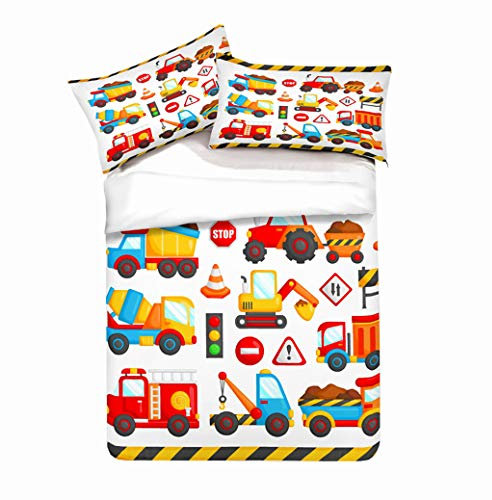 Cartoon Kind Bettwäsche Set 2-teiliges Set 140 x 200 cm Gelber Traktor Bagger Rotes Feuerwehrauto Blauer LKW Muster Junge Bettbezug und Kissenbezug (Style #1, 140 x 200 cm)
