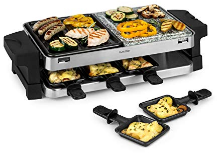 Klarstein Sirloin Raclette-Grill, 1500 Watt, 2-in-1: Aluminium-Grillplatte & Natursteinplatte, Edelstahl-Heizelement, regulierbarer Thermostat, für 8 Personen, Raclette-Pfannen aus Stahl