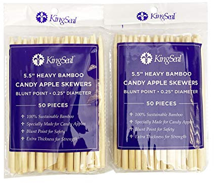 100 Count | KingSeal Natural Bamboo Wood Candy Apple Skewers, Sticks, 5.5 Inch x 6.5mm diameter, Blunt Point for Safety, Retail Pack - 2 Packs of 50 (100 Count)