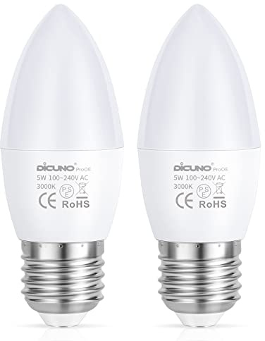 DiCUNO E27 LED Lampe, 5W ersetzt 40W, Warmweiß 3000K, CRI 98, 2er Pack | C37 Kerzenform, ProOE Serie, Vollspektrum, blaulichtfrei, Flimmerfrei, nicht dimmbar, 330lm, 270° Winkel für Einbaustrahler