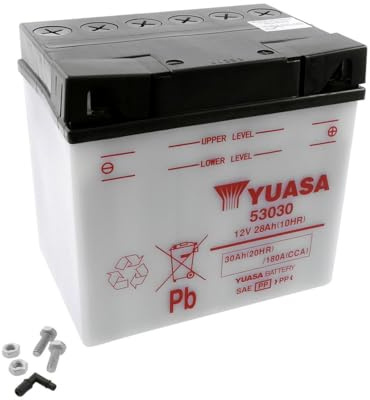 Motorradbatterie Yuasa 53030 (Y60-N30L-A) Dry - Trocken geliefert - 12 V 30 Ah - Maße: 187 x 130 x 170 mm kompatibel mit ULTRANAUTICS Sea Flash 800 1989-1992 | Trocken geliefert ohne Säurepack; 12 V, 28 Ah, 180 CCA, Maße 186 x 130 x 171 mm; Vergleichstypen Y60-N24AL-B, 53030, 52515