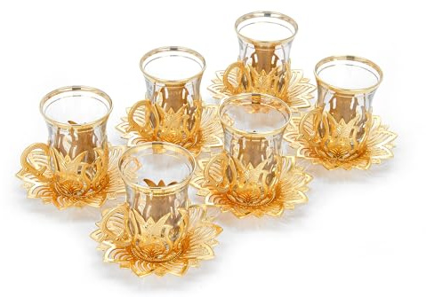 Türkisches Nostalgisches Teegläser und Untertassen Set für 6 Personen, luxuriöses türkisches Teeset, 12-teiliges schickes Teegläser-Set, perfektes Vintage-Einweihungsgeschenk, Farbe: Gold
