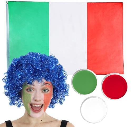 Italian Flag, Blue Afro Wig and Face Paint Kit - Italy Supporters - Fancy Dress Costume Accessory - Football, Rugby Sport Fans - Great for Sporting Events, Parties, Festivals & Celebrations