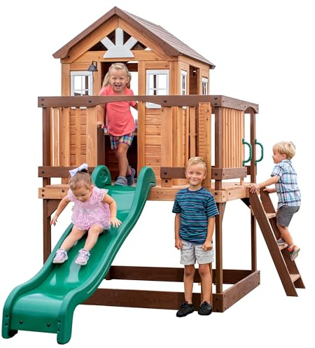 Backyard Discovery Echo Heights Elevated Cedar Wooden Kids Playhouse with Wave Slide, Play Kitchen, Wrap-Around Deck, Flat-Step Ladder, Half Door, Windows, Bell, and Growth Chart for Outdoor Play