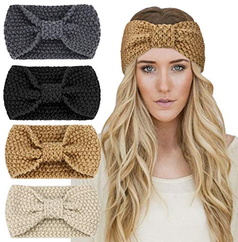 DRESHOW 4 Pièces Bandeau Cheveux pour Femme Bandeaux Hiver Serre-Tête Tricoté Oreille Réchauffeur Chaud Noué Bande Elastique Cheveux
