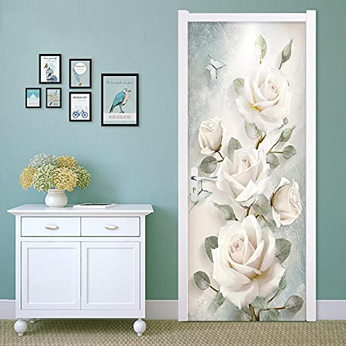FHKGIUJAD 3D Drucken | Tür Bekleben Mit Türtapete Selbstklebend Weiß Blumen Pflanzen | Tür Verschönern Mit Türfolie | Türaufkleber Xxl Türbilder | Türposter Türklebefolie 40X120Cm