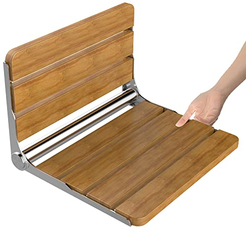 Heuffe Sedia Doccia Pieghevole a Muro - Portata 200kg Schienale Ergonomico, Antiscivolo Anziani/Disabili, Panca Quercia Pieghevole,Legno