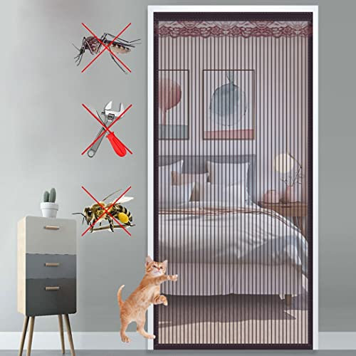 Fly Screen Door Durable Door Fly Screen Curtain Mesh Guard Door against Insects and Small Animals For French Door,Automatically Tight Closure,brown,120x210cm(47 * 83in)