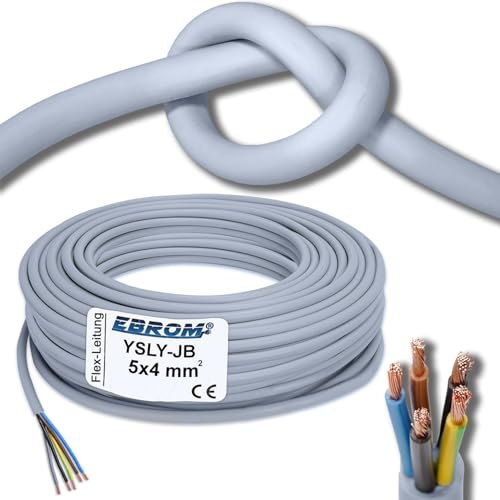 EBROM Flexibles YSLY-JB 5x4 mm² Verlegekabel grau für Ladestation - 12 m | 5m bis 70m, sehr flexibel E-Auto Ladebox Wandladestation Stromversorgung 5x4 mm2 - Adern: braun blau schwarz grau grün/gelb