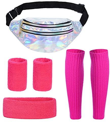 80er Jahre Kleidung Damen Sportlicher Stil Set, Neon Beinwärmer,Armbänder,Neon Stirnband, PU Bauchtasche Wasserdicht für 80er 90er Outfit Party Kostüm Accessoires Karneval Halloween (Sliver RosaRot)