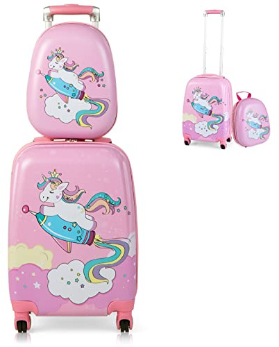 Maxmass 2PCS Kids Luggage Set, Hard Shell Children Trolley Case with 4 Universal Wheels, Girls Boys Suitcase and Backpack Set for Travel (Pink Unicorn, 12+18)
