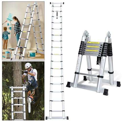 Cecaylie Scala telescopica telescopica in alluminio, 5 m, 2,5 m + 2,5 m, pieghevole, scala telescopica allungabile, JZ250D, portata massima 150 kg, colore argento