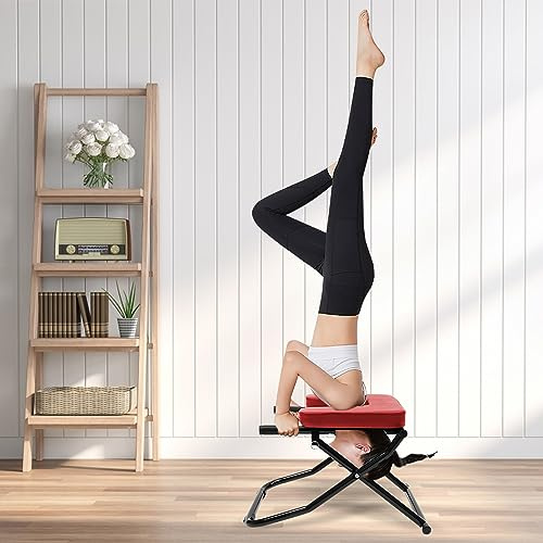 RustyVioum Yoga Headstand Bench Inversion Chair, Foldable Stand Inversion Stool Practice Head Stand Equipment Shoulderstand and Strength Training, Red