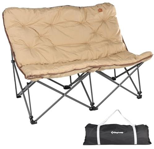 KingCamp Dubbel campingstol vikbar lätt 2-sitsig campingstol med hög rygg, bekväm trädgårdsstol, vadderad campingstol XXL för camping, trädgård, picknick, inomhus och utomhus, kaki