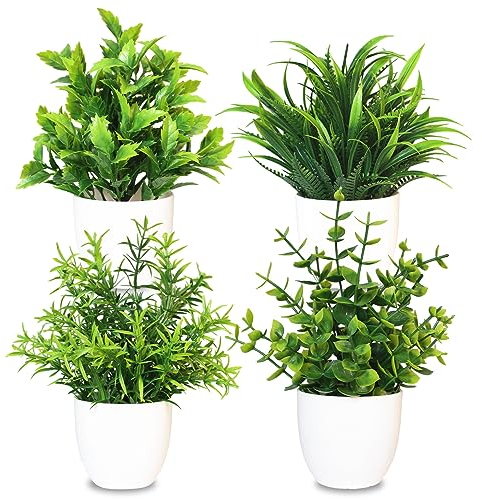 MEMOFYND 4 plantas artificiales, plantas artificiales, plantas de plástico, pequeñas plantas verdes en maceta para el hogar, dormitorio, cocina, decoración de oficina