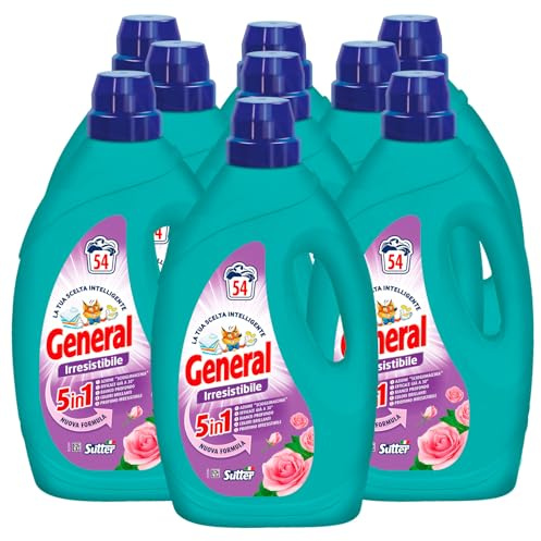 General Irresistibile 5in1 Detersivo Liquido per Lavatrice 54 Lavaggi Azione Scioglimacchia Efficace anche a Basse Temperature Bianco Profondo e Colori Brillanti - 9 Flaconi da 2,43L