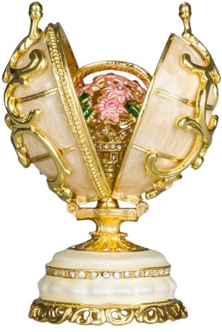 danila-souvenirs Faberge stil Vårblommor ägg med korg med blommor 8,5 cm krämfärg