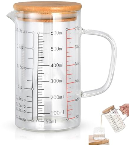 Otufan Glas Messbecher, Hitzebeständiges Klare Skala Rührbecher Mit Deckel, Bequemer Griff, Measuring Cups Borosilikatglas Kaffeetassen Milchmessbecher (600ml)