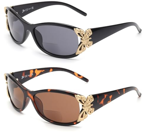 JM 2 Pack Bifocal Reading Sunglasses for Women Fashion Sun Readers Outdoor Reading Glasses UV400 Protection Black & Tortoise +2.5