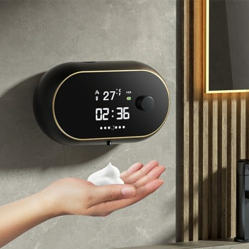 Automatischer Seifenspender zur Wandmontage, berührungsloser Flüssigseifenspender, wiederaufladbar über USB, mit IR-Sensor, Zeittemperatur, 450 ml, für Küche und Badezimmer (Schaumstoff-Schwarz)