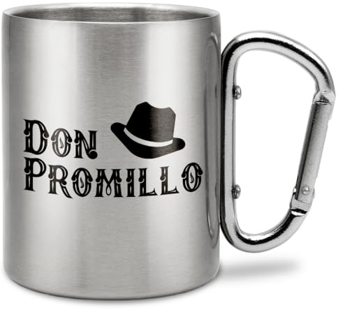 Prozente Momente Don Promillo | Edelstahl-Trinkbecher mit Karabinerhaken | Geschenkidee | 330 ml | Becher | Camping | Vereine | Silber