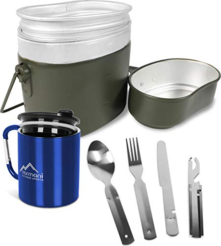 normani Bundeswehr Essgeschirrset Bund Essbesteckset + Karabinertasse aus rostfreiem Edelstahl mit Trinkdeckel + Aluminium Kochgeschirr nach TL Farbe Dunkelblau