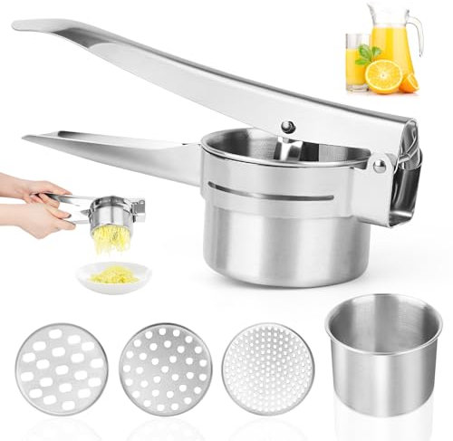 Prensa de Patatas,Multifuncional Profesional Prensa Patatas,Machacador de Patatas Profesionales,Prensa de Patatas Profesionales Acero Inoxidable con 3 Coladores Intercambiables, para Frutas y Verduras