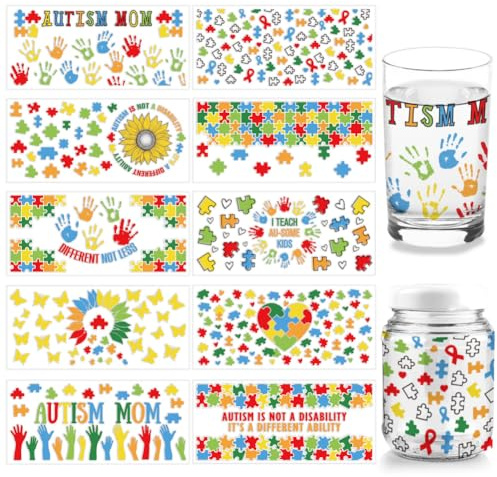arricraft 10 Stück UV DTF Transferaufkleber Zum Thema Autismus Bewusstsein 10 Stile Buntes Handabdruck Transferpapier Zum Aufreiben von Aufklebern PVC Cup Wrap Wasserdichte Abziehbilder Für Glas