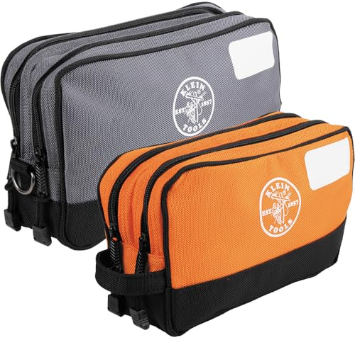 KLEIN TOOLS 55579 10x6 and 12x7 Inch Zipper Tool Pouch, Double Compartment, Heavy Duty Tool Pouch, Multi-Function Organizer for Tools and Crafts, Pack of 2, Grey/Orange, Classic