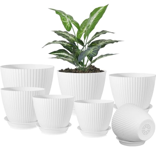 Lighterday 7 Pcs Plant Pots Indoor,18/17/16/14/13/11/10cm Indoor Outdoor Plant Pots,Large Plastic Flower Pots with Drainage Holes and Trays,Suitable for House Plant Flower (White)