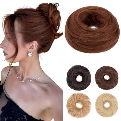 Benehair Moño Postizos Moños Postizos Sintético Postizos de Pelo Natural Sintético Corta Cola de Caballo Moño Extensiones para Mujeres(Marrón con reflejos, 55g)