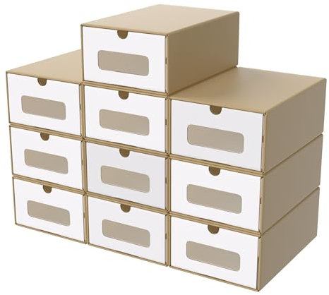 YRHome Set di 10 scatole impilabili – Cassettiera con finestra in carta kraft, scatola per scarpe e giocattoli per riporre accessori e accessori, 23,5 x 34,5 x 13,5 cm, colore marrone