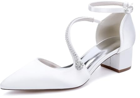 TNMIUH Scarpe da Sposa comode da Donna con Tacco a Blocco, Eleganti Scarpe col Tacco in Raso con Punta Chiusa e Cinturino alla Caviglia per Scarpe da Sera e da Sposa,Bianca,43 EU