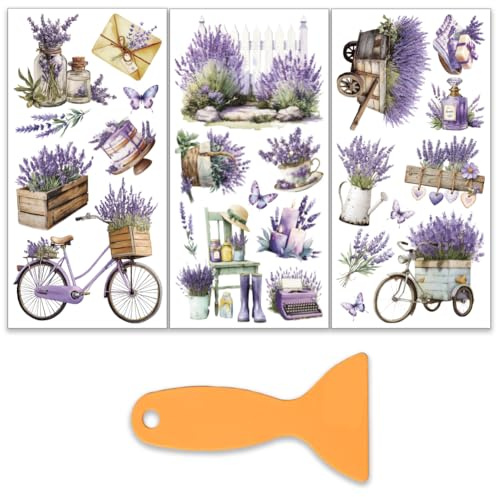 OLYCRAFT 3 st/set vintage lavendel gnugga på överföringar för möbler och hantverk 15 x 30 cm blomma cykel möbeldekal överföringsklistermärke gnugga på dekal med 1 st skrapa för klippbok fönster
