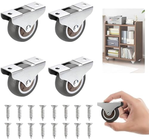HSYTEK 4 Stück Rollen für Möbel, Möbelrollen Klein mit 16 Schrauben, Mini Möbelrollen, 1.4 cm Gummi Laufrollen mit Stahloberplatte, für Schränke, Werkzeugkisten, DIY Projekte (Silber)