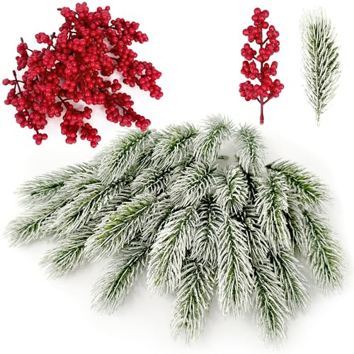50er Weiß Künstliche Tannenzweige Beerenstiel (40 Tannenzweige 10 Beeren) | Tannenzweige mit Schnee, roten Beerenstielen, Kunsttannen Zweige wie Echt, Streudeko Tanne Kunsttanne für Weihnachten Deko