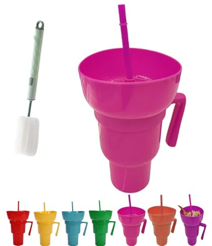 Snack and Drink Cup Combo, Drink Snack Cup Combo Tumbler, 2 in 1 DrinkCup with Snack Bowl on Top for Journey, Cinema, Home (Rose Red)