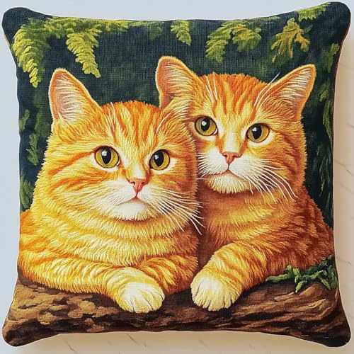 AMBATTERY Kit Coussin Au Point De Croix, Chat animal Coussin à Broder Artisanal 45X45cm Kit De Broderie Au Point De Croix Pré-Imprimé