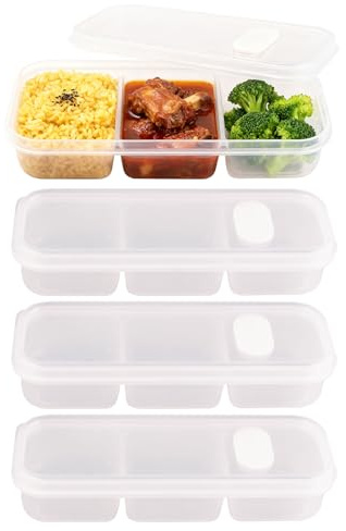 Doafoce 4 Stück Zutatenbehälter mit 3 Fächern Kleine Dosen mit Deckel Plastik Tupperdosen Kunststoff-Frischhaltebox mit Fächern Lebensmittelaufbewahrung für Beilagen Würzmittel Sushi Snack