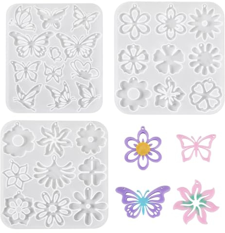 Craftora Lote de 3 Moldes para Flores en Resina Mariposa Moldes de Silicona UV Resina Epoxi Moldes de Fundición para Manualidades Artesanías Pendientes Aretes Fabricación de Joyas