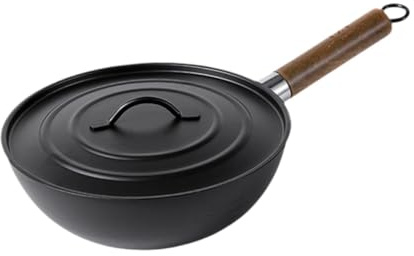 Padella wok con fondo rotondo antiaderente con coperchio, padella universale in ferro per friggere a gas e piani cottura a induzione
