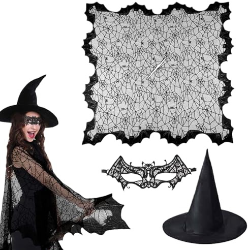 Spinnennetz-Hexenumhang – 32 x 33 cm, Gothic-Spitzen-Umhang, unheimliche Fledermaus-Verzierungen, schwarzes Halloween-Accessoire, 3-teiliges Kostüm-Umhang für Frauen, Party, Braut, Foto, Bühne
