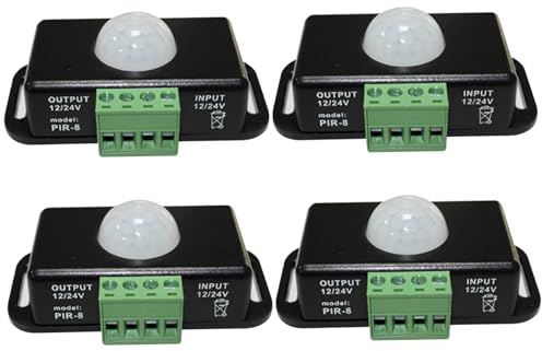 Interruptor de luz con Sensor de Movimiento 4 Piezas DC 12/24 V Interruptor de Sensor de Movimiento infrarrojo con 2 entradas y 2 Salidas Iluminación de 1-10 min Detección de 120 ° ABS antillama