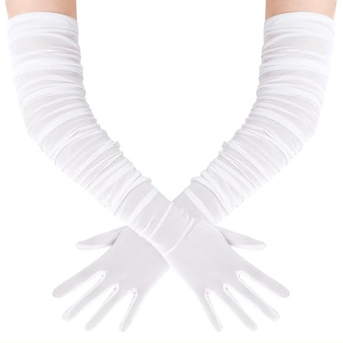 BABEYOND Lange Handschuhe für Damen - Weiches Stretch-Mesh-Tüll, Elegante Opernhandschuhe für Hochzeiten, Bälle, Abendgarderobe, Weihnachtsfeiern, Karneval und Vintage-Kleidung Weiß