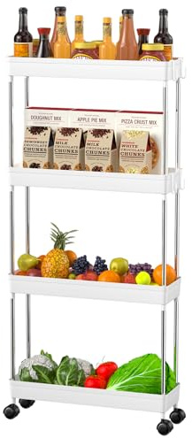 Homshsjhkis Carrito Auxiliar con Ruedas, Carro Cocina Estrecho Alto 4 Niveles, Mueble Auxiliar Baño Estrecho Móvil Multifuncional con 4 Ganchos Extraíbles para Salón,Dormitorio, Oficina, Blanca